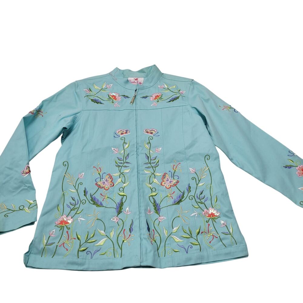 Vintage Quacker Factory blue heavily embroidered floral butterfly jacket